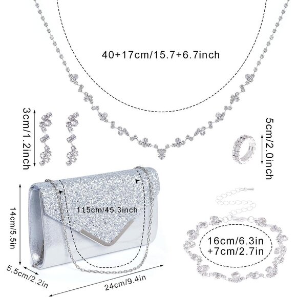 Elegant Silver Rhinestone Wedding Jewelry Set with Clutch & Evening Bag for Brid - Picture 2 of 7